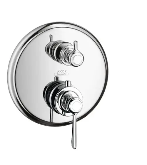 Thermostat-Unterputzarmatur mit zwei Reglern und Hebelgriff in Chrom, Markenname AXOR sichtbar, geeignet zur Wandmontage.